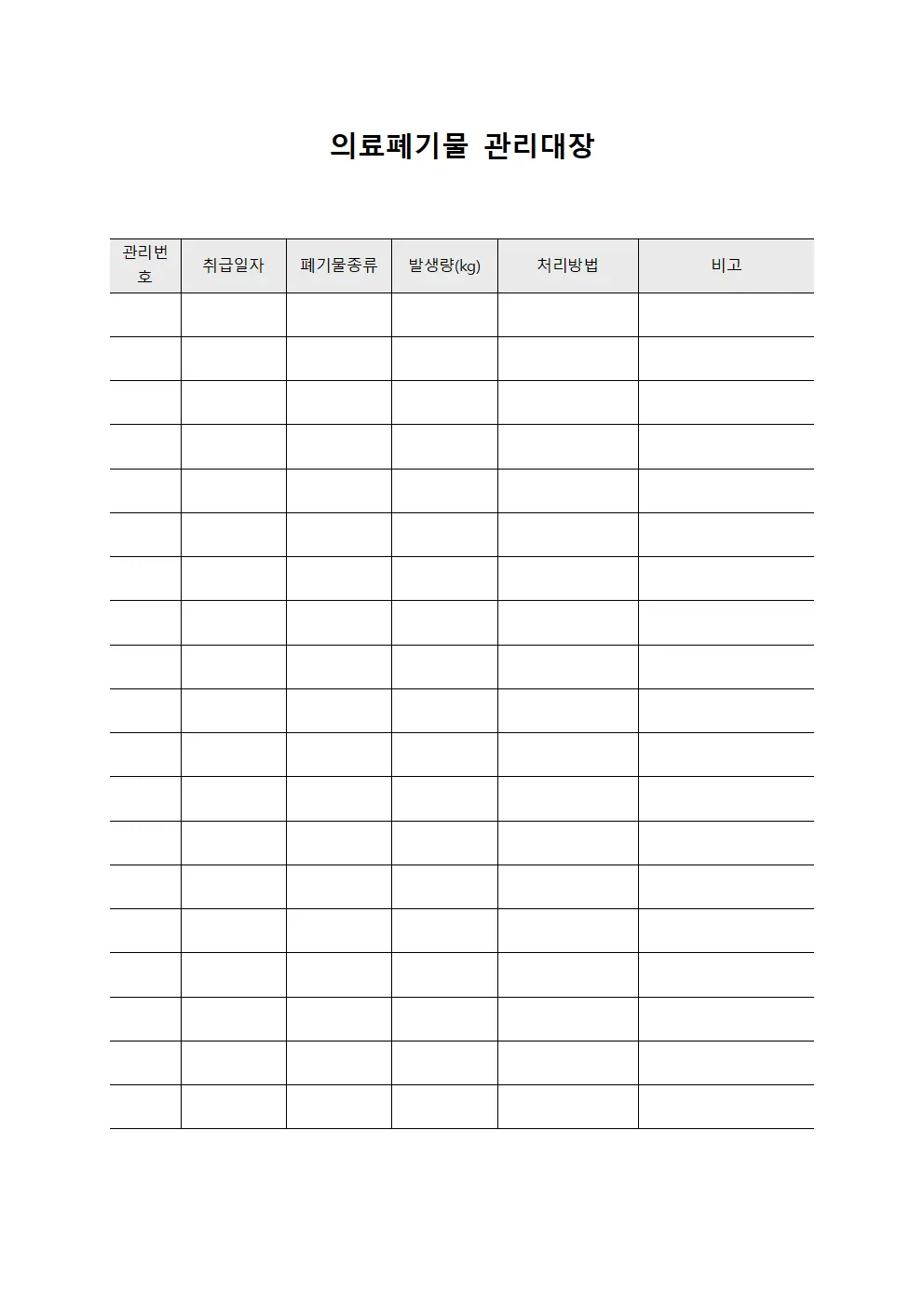 수술실운영 의료폐기물관리대장