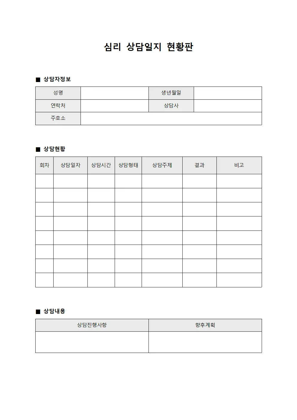 심리 상담일지 현황판 서식문서