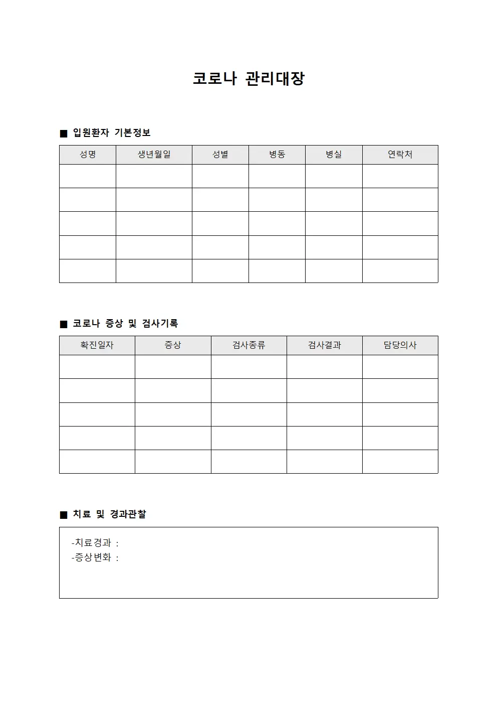 입원환자모니터링 코로나관리대장