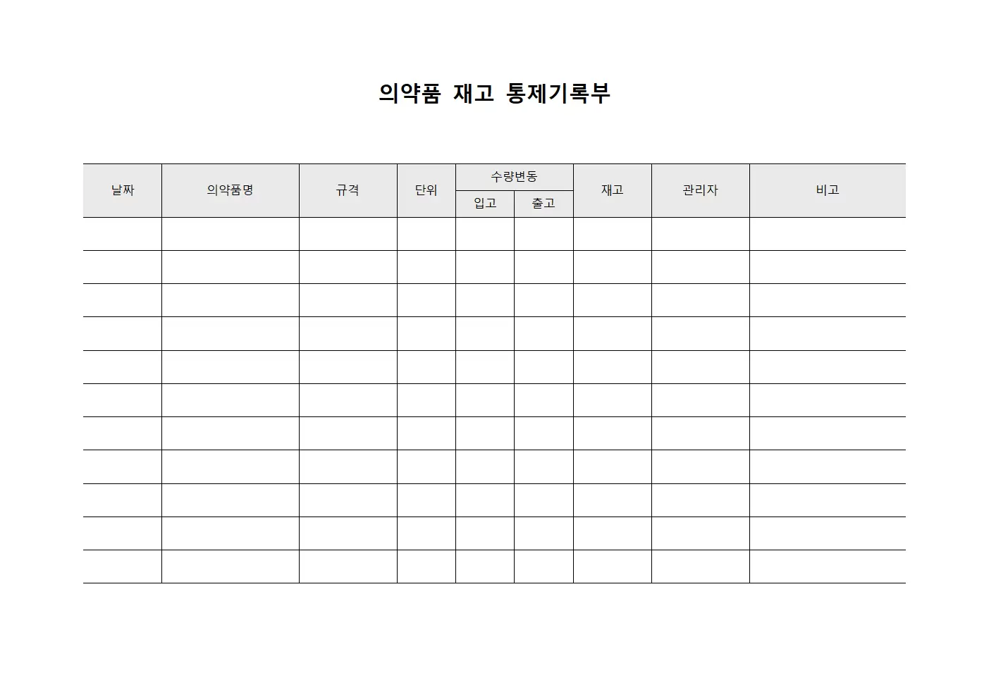 의약품 재고 통제기록부 문서서식