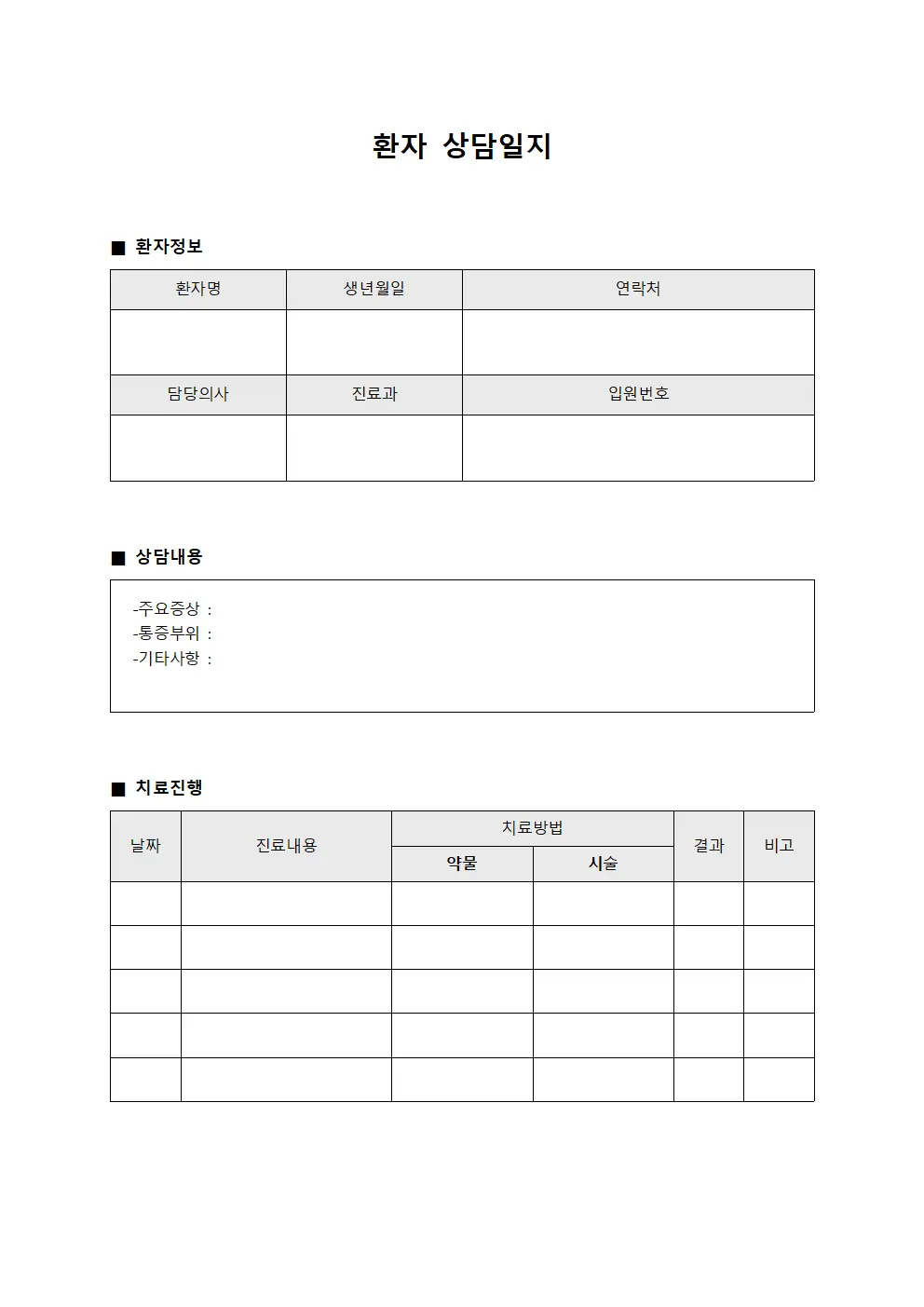 환자상담일지 치료진행현황