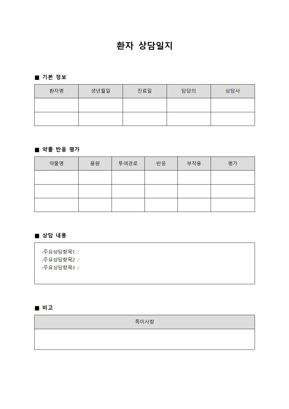 환자상담일지 약물반응평가