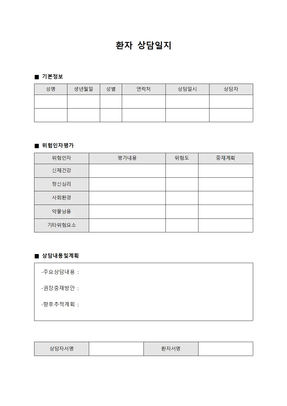 환자상담일지 - 위험인자평가
