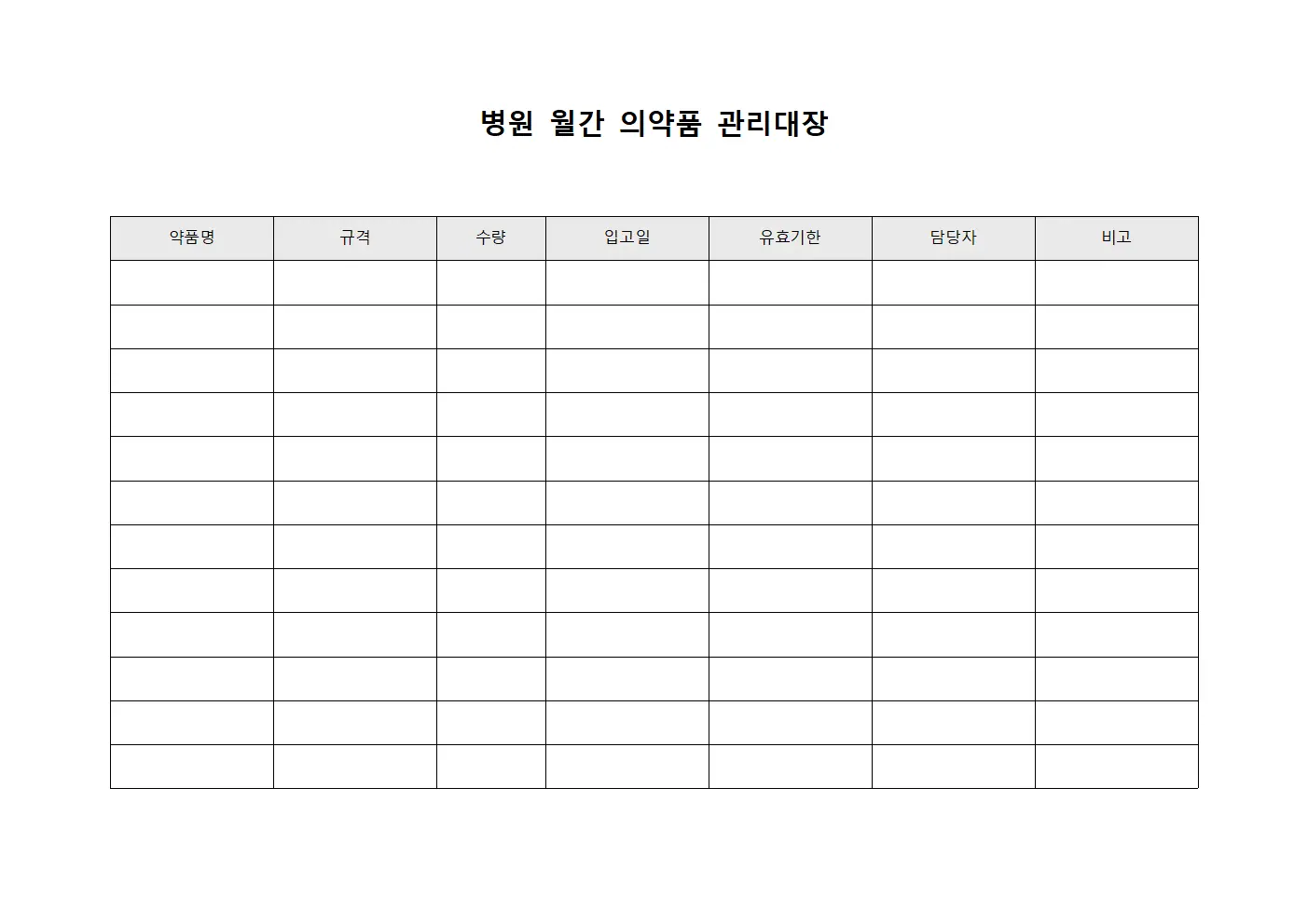 병원 월간 의약품 관리대장