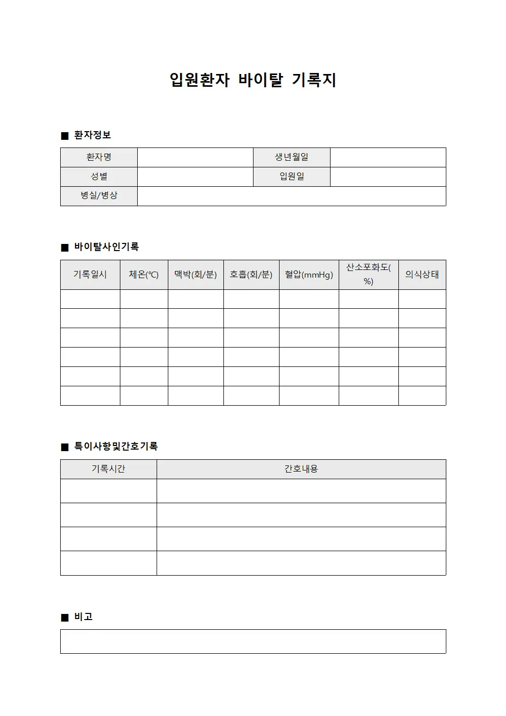 입원환자 바이탈 기록지