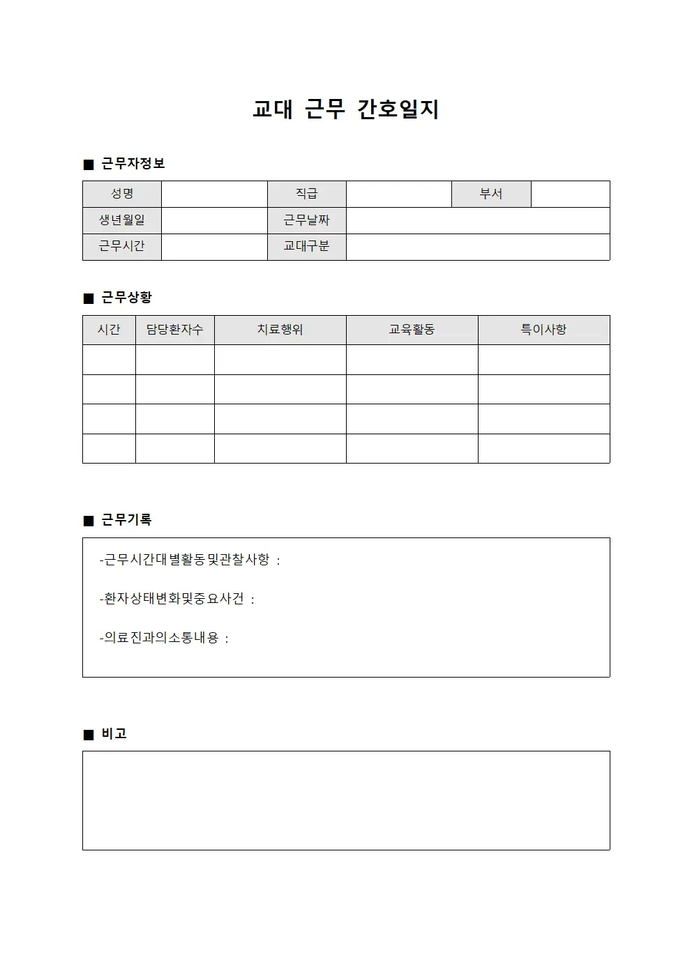 교대 근무 간호일지