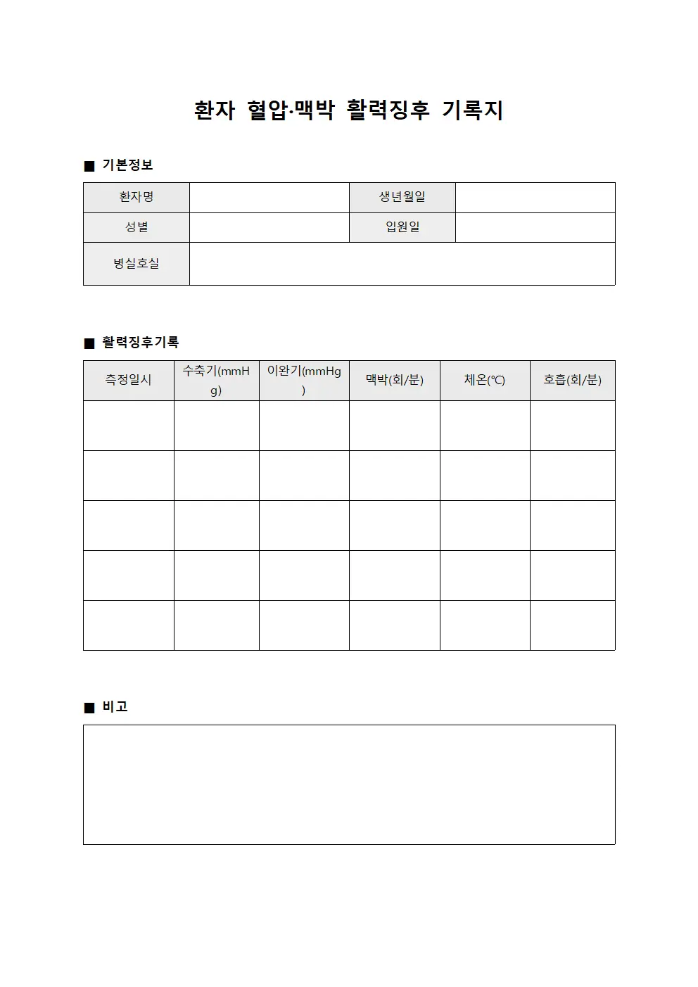 환자 혈압·맥박 활력징후 기록지