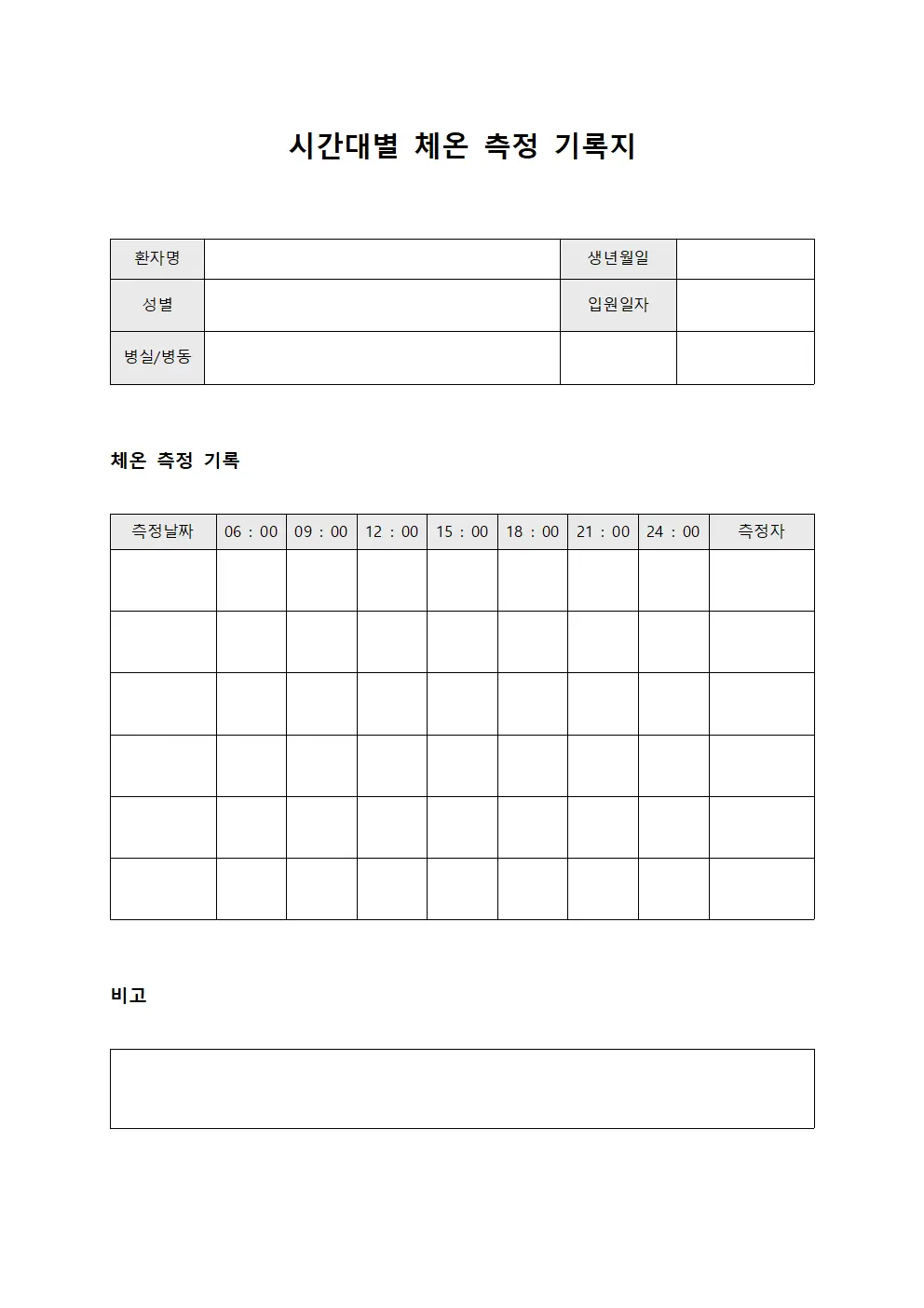 시간대별 체온 측정 기록지