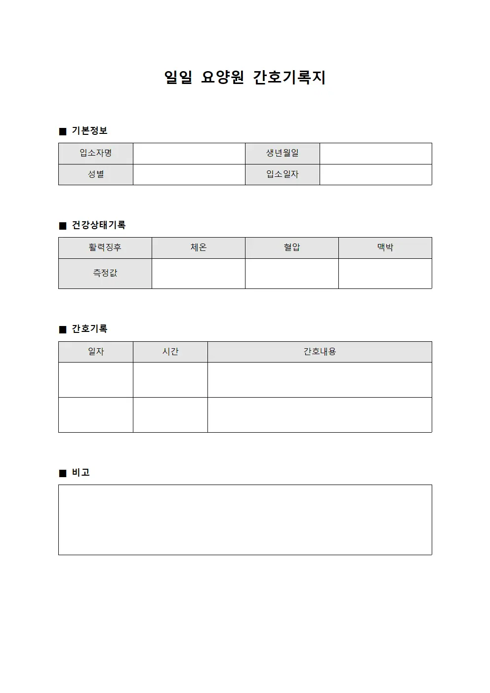 일일 요양원 간호기록지