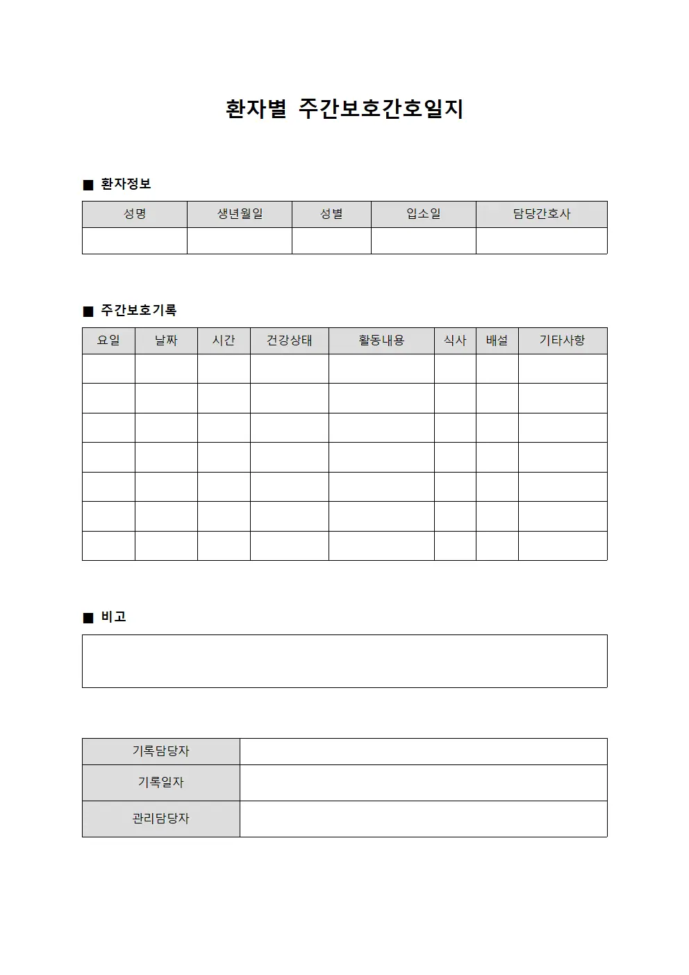 환자별 주간보호간호일지