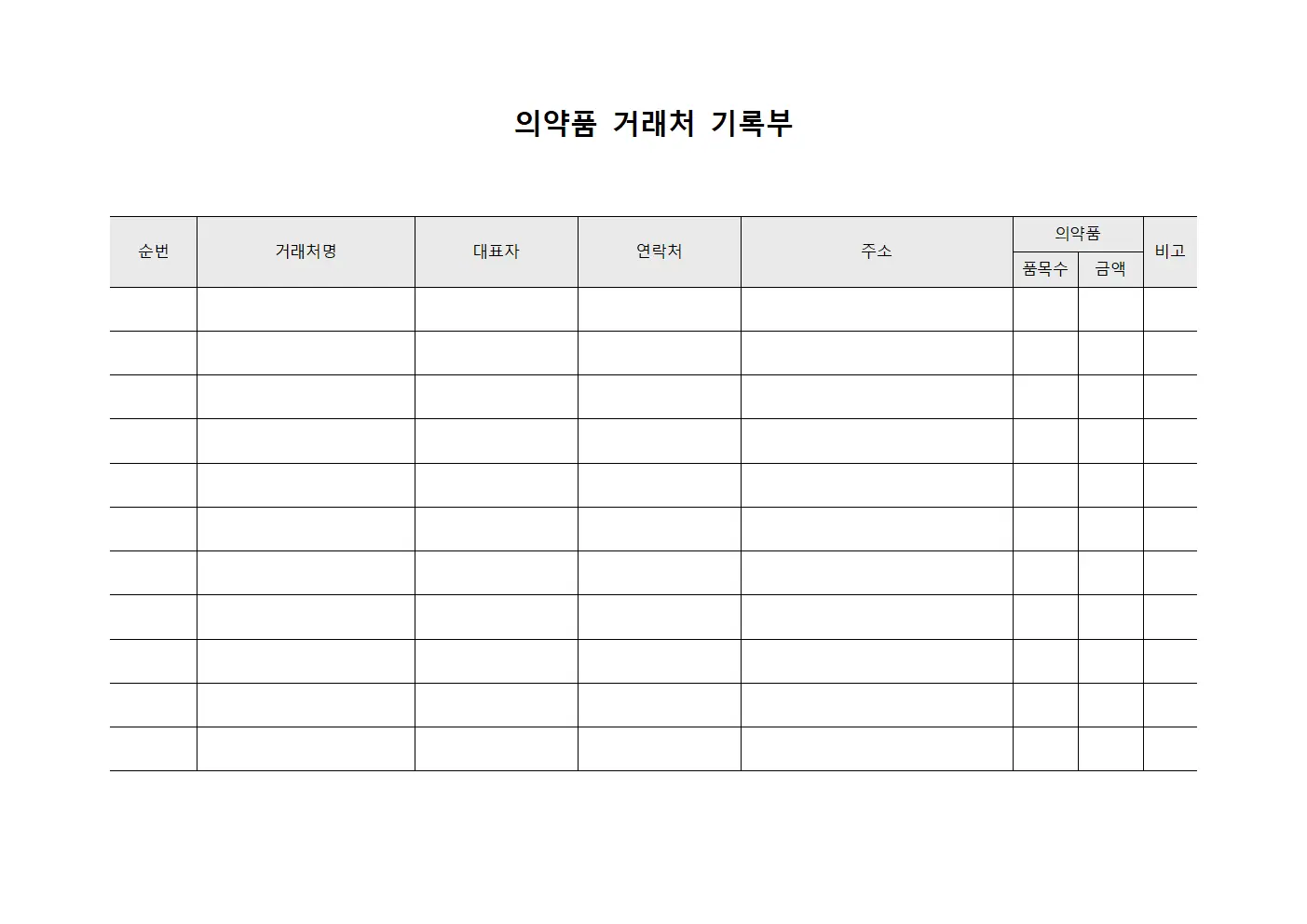 의약품 거래처 기록부 템플릿
