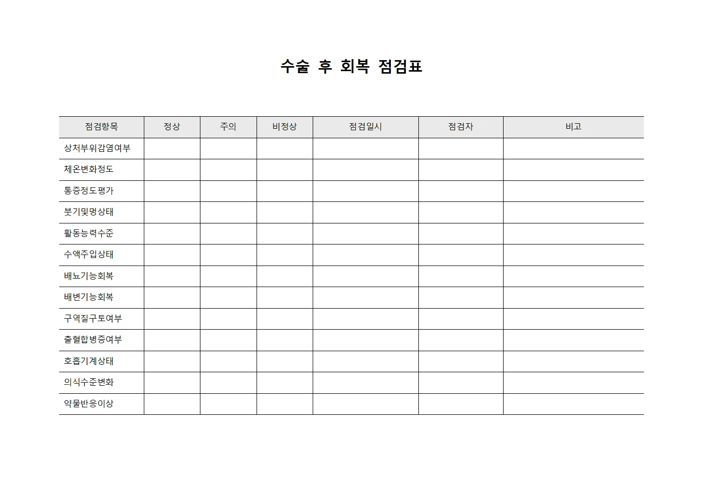 수술 후 회복 점검표