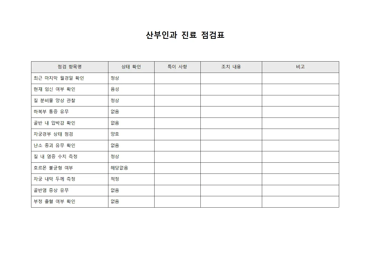 산부인과 진료 체크리스트 파일서식