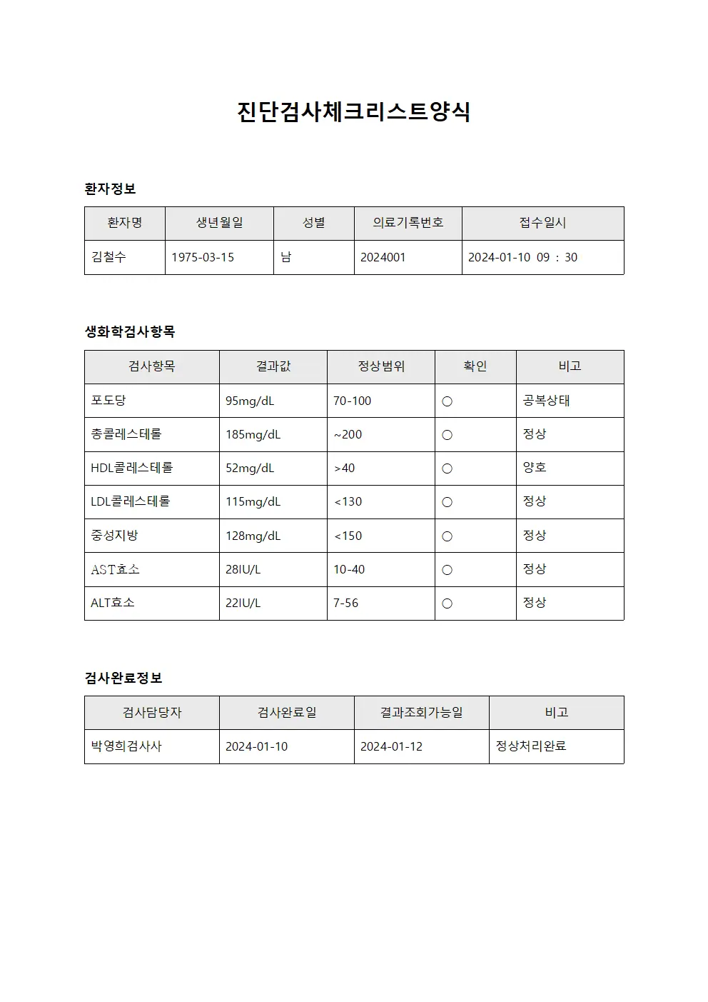 진단검사체크리스트양식 서식문서
