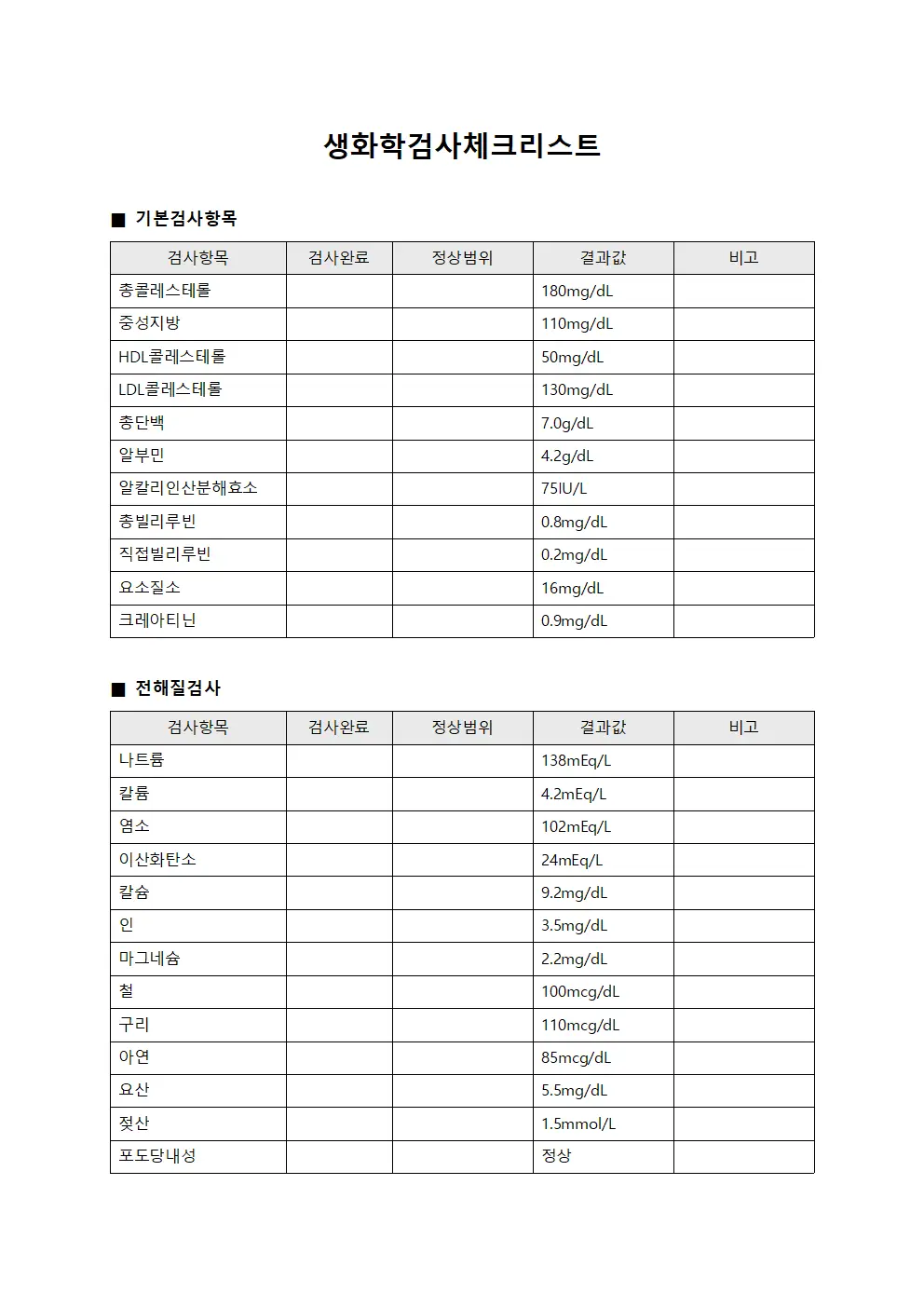 생화학검사체크리스트 템플릿 양식