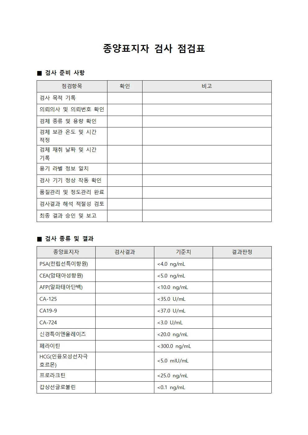 종양표지자 검사 점검표