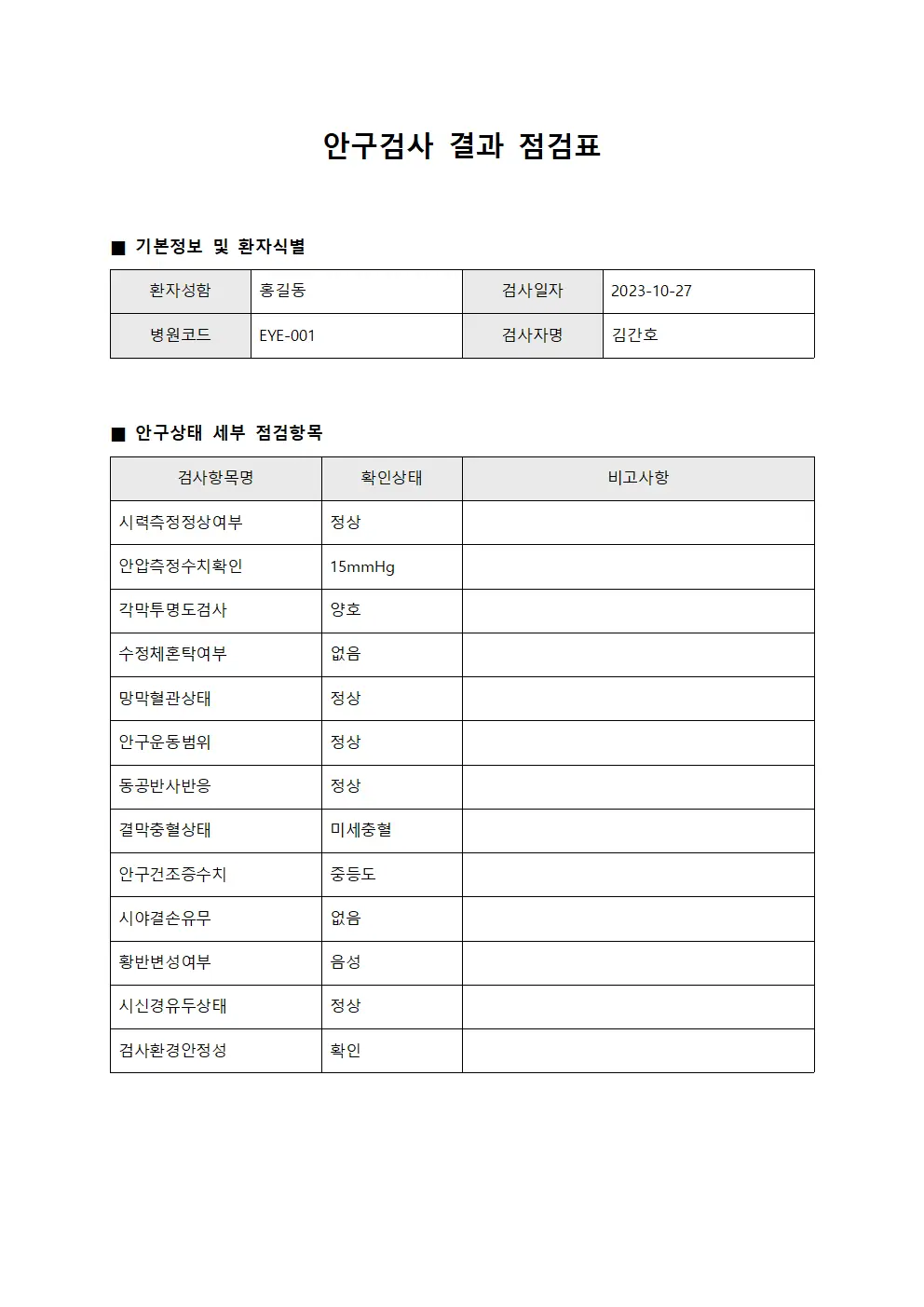 안구검사 결과 점검표 템플릿 서식