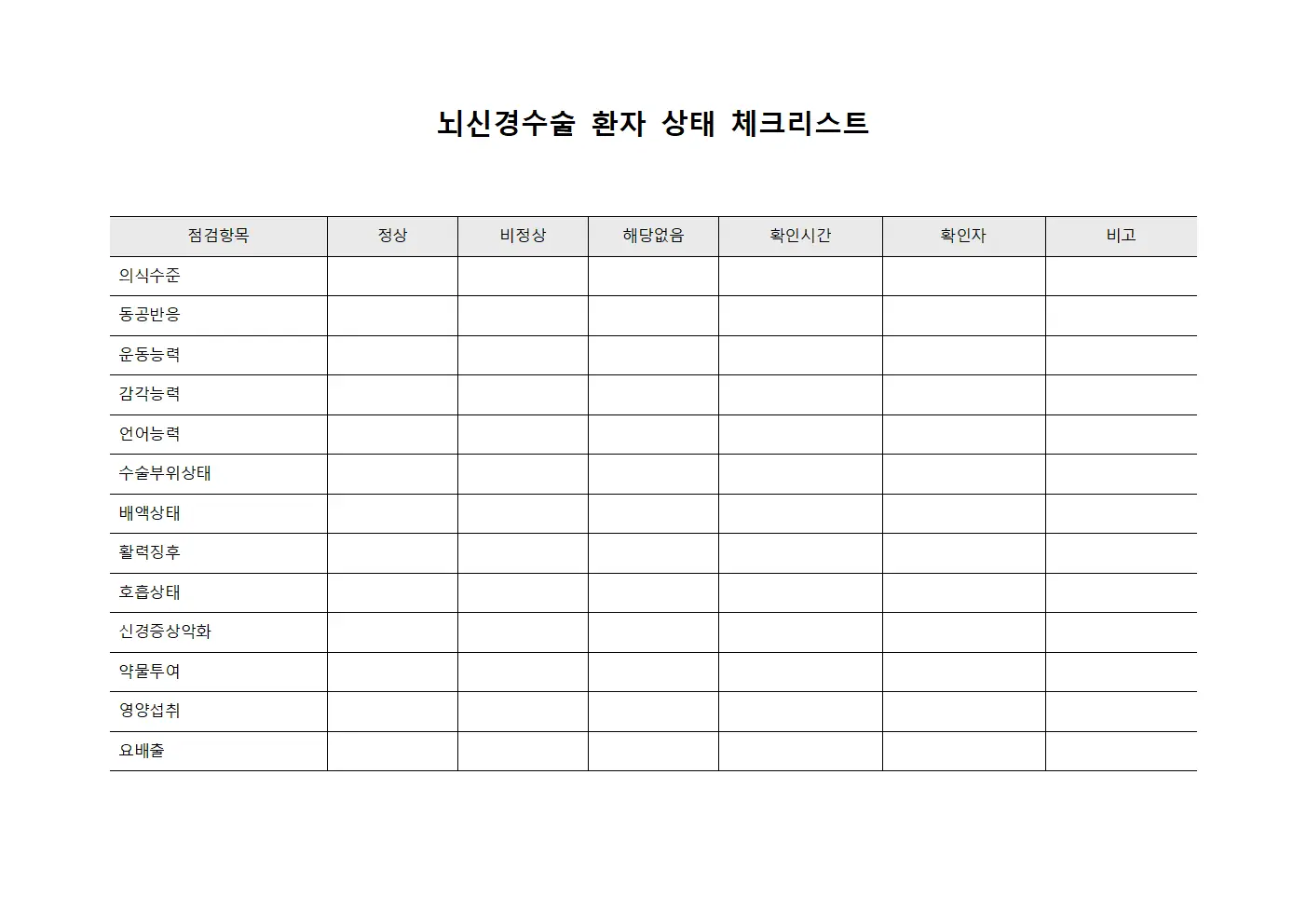 뇌신경수술 환자 상태 체크리스트 파일서식