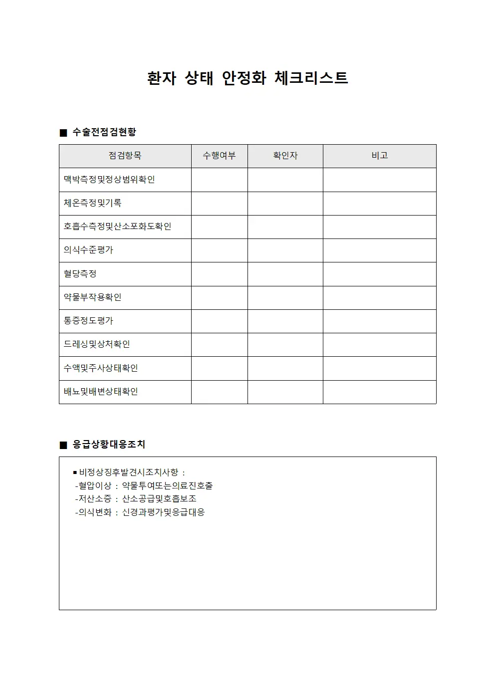 환자 상태 안정화 체크리스트