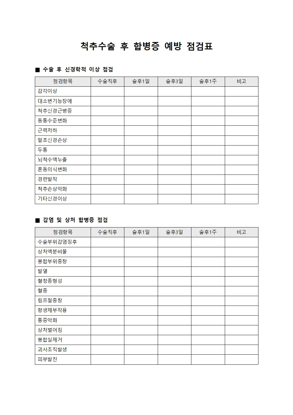 척추수술 후 합병증 예방 점검표 템플릿