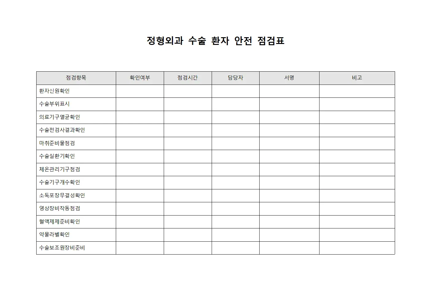 정형외과 수술 환자 안전 점검표 서식