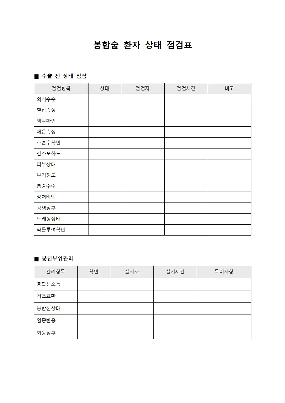 봉합술 환자 상태 점검표