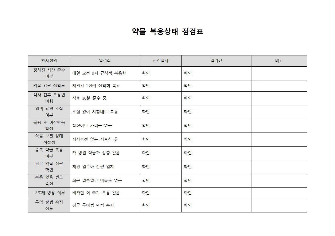 약물 복용상태 점검표 파일서식