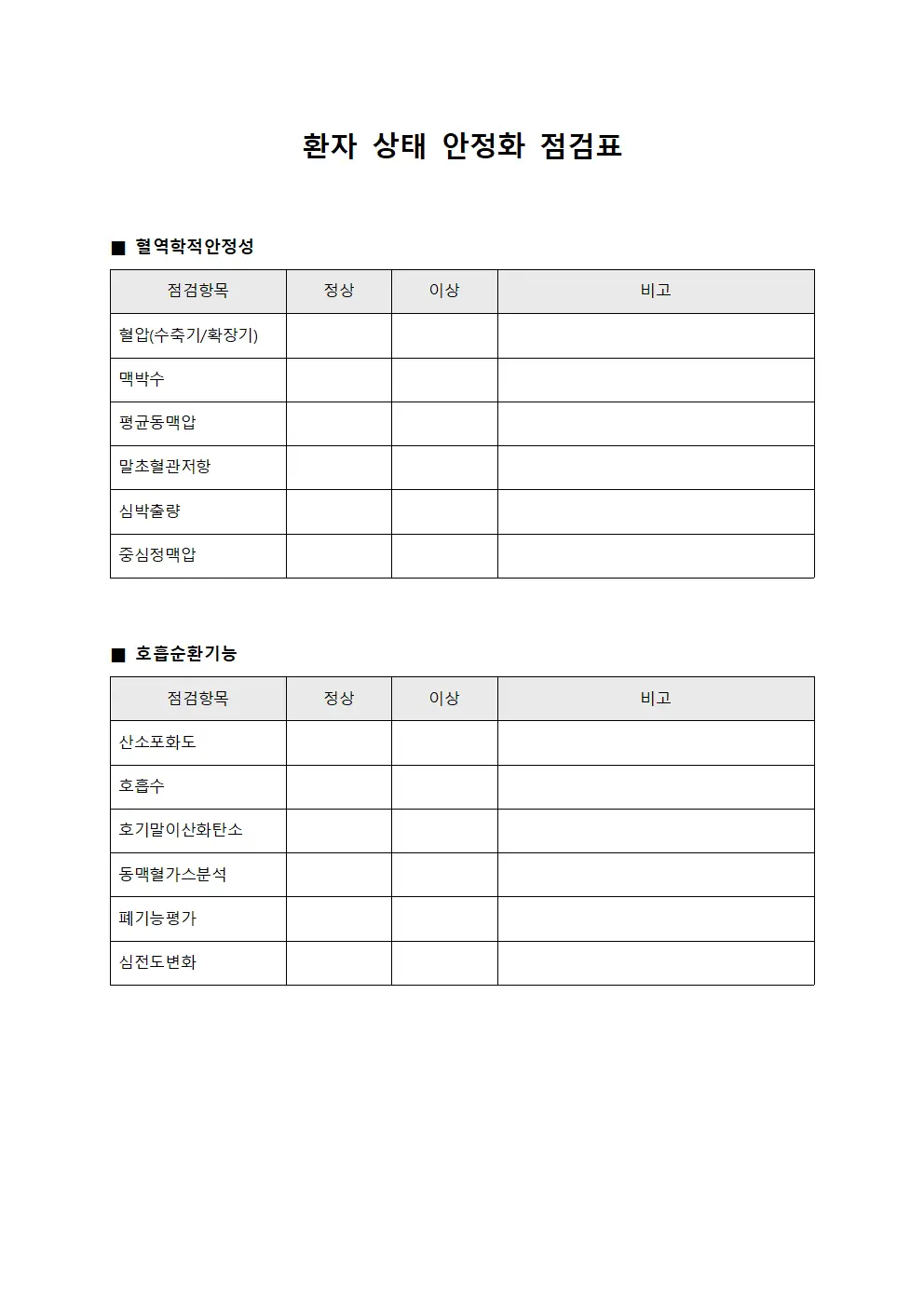 환자 상태 안정화 점검표 문서.양식