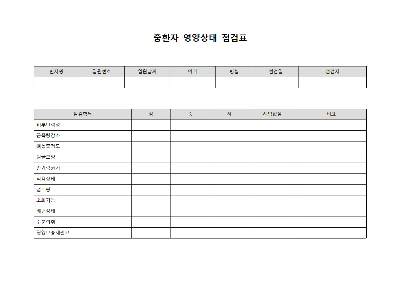 중환자 영양상태 점검표 템플릿 양식