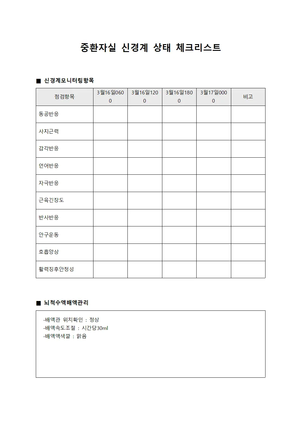 중환자실 신경계 상태 체크리스트 파일서식