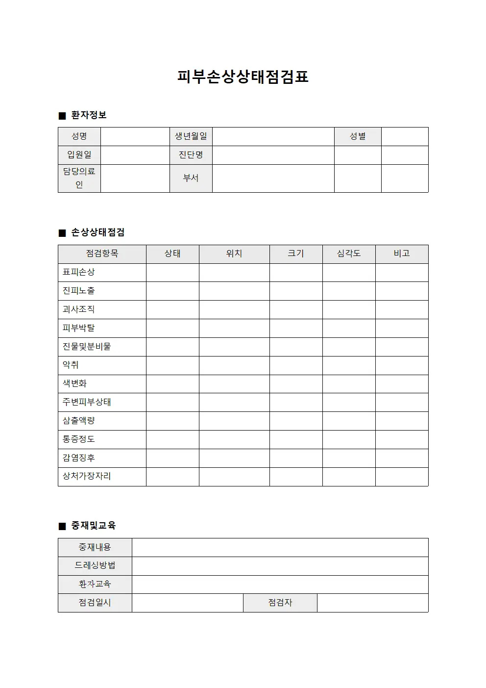 피부손상상태점검표 문서서식
