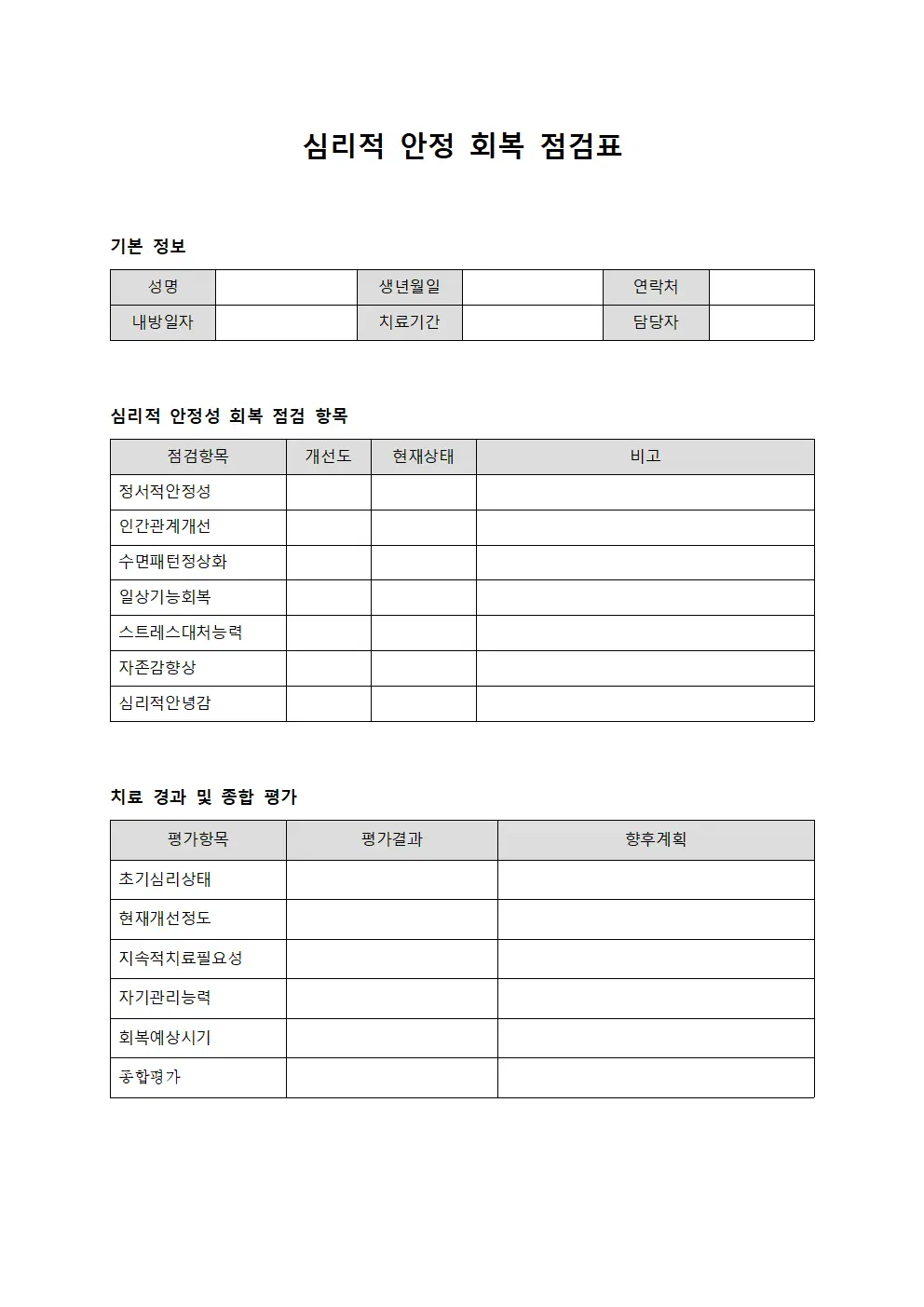 심리적 안정 회복 점검표