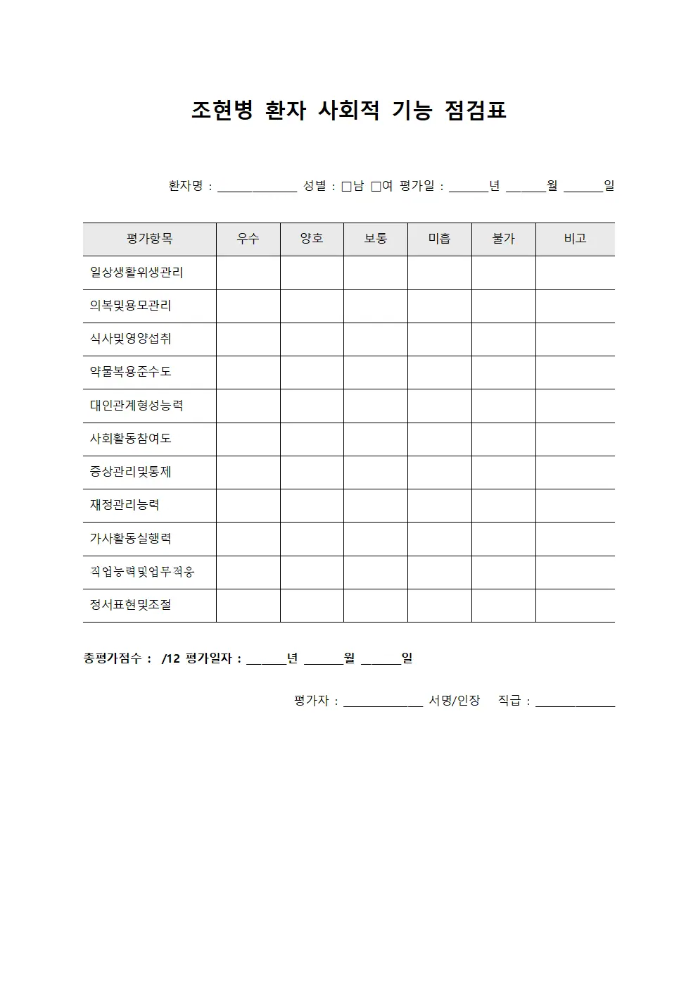 조현병 환자 사회적 기능 점검표