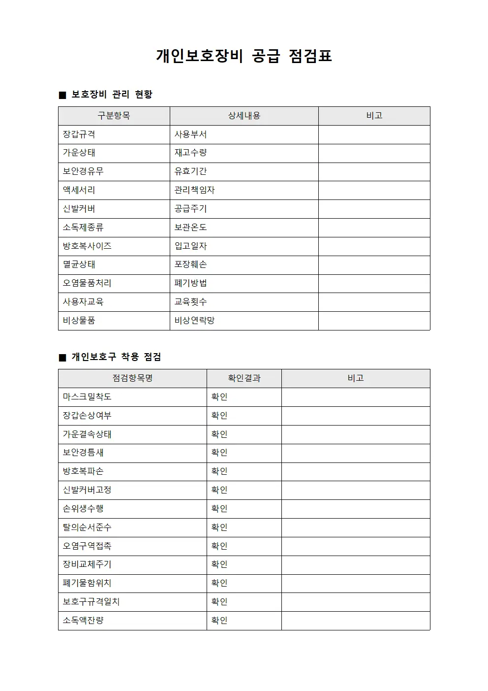 병원용 개인보호장비 체크리스트 서식파일