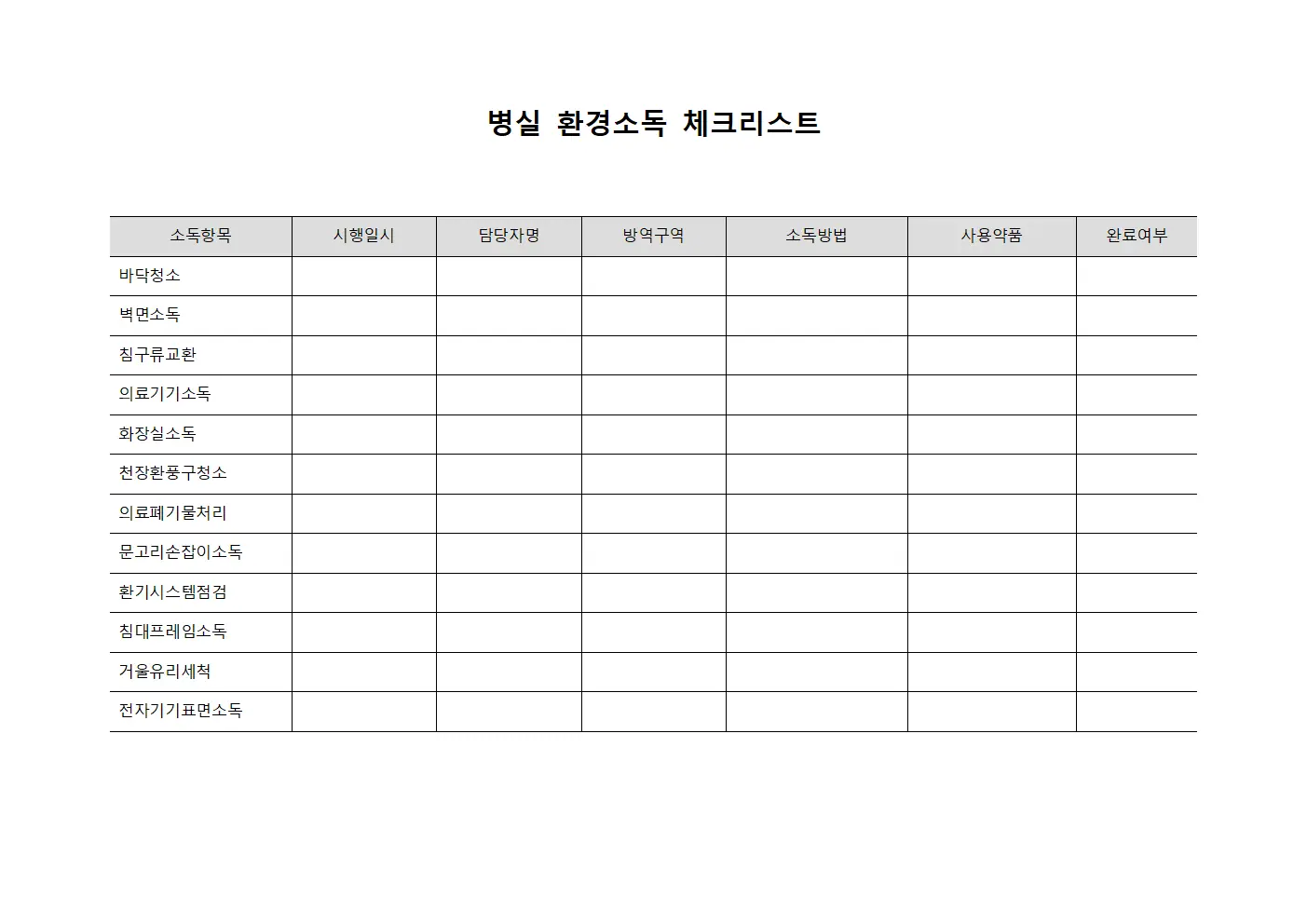 병실 환경소독 체크리스트