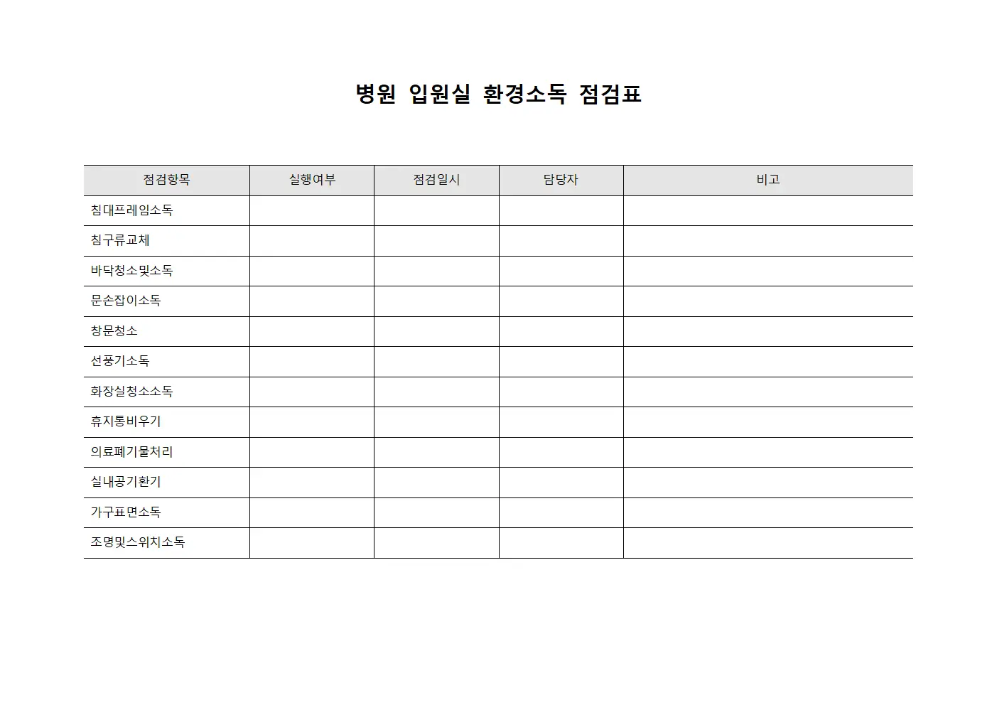 병원 입원실 환경소독 점검표 서식파일