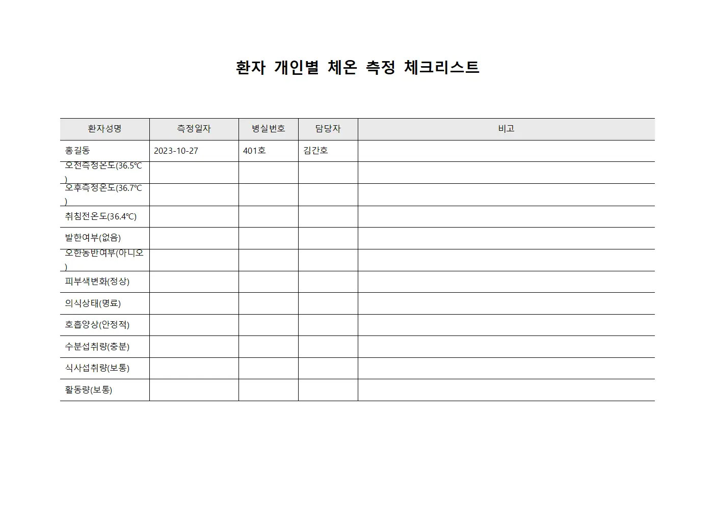 환자 개인별 체온 측정 체크리스트