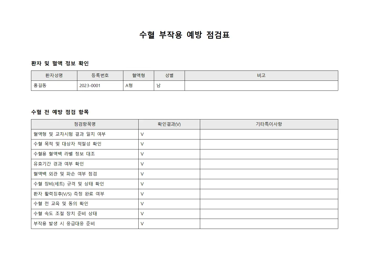 수혈 부작용 예방 체크리스트 문서양식