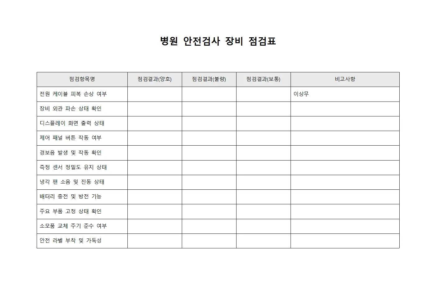 병원 안전검사 장비 점검표 양식파일