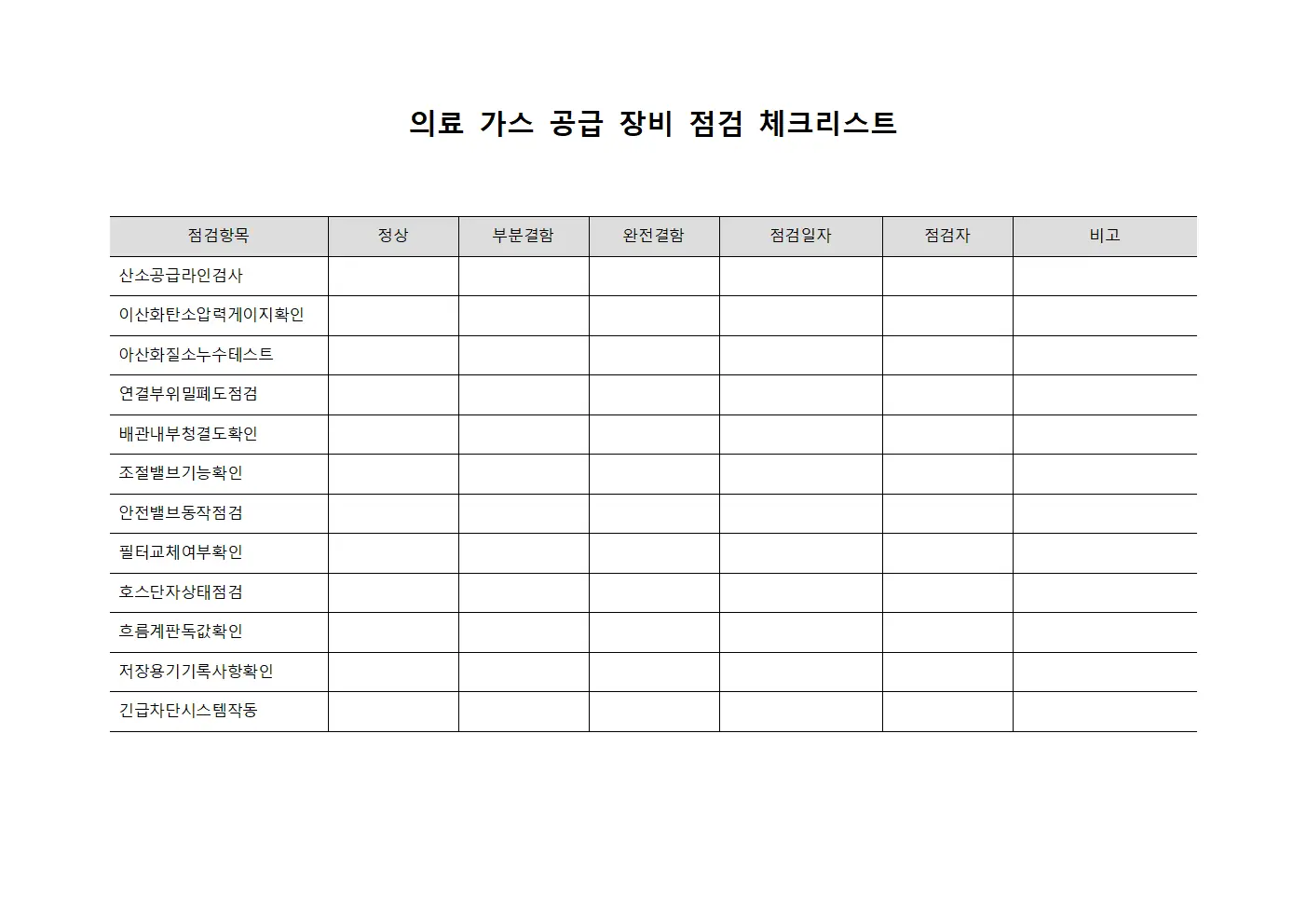의료 가스 공급 장비 점검 체크리스트 문서서식