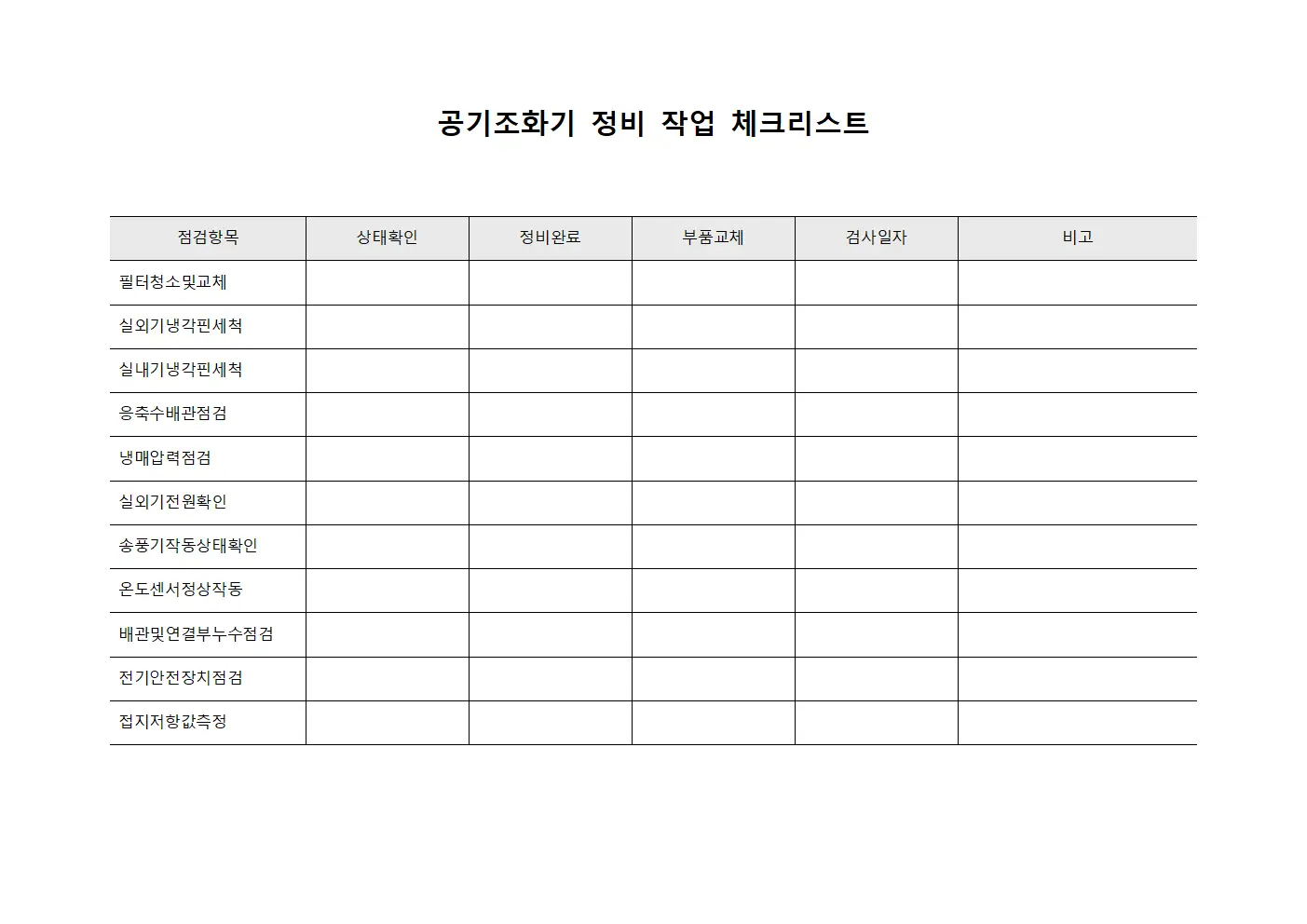 공기조화기 정비 작업 체크리스트