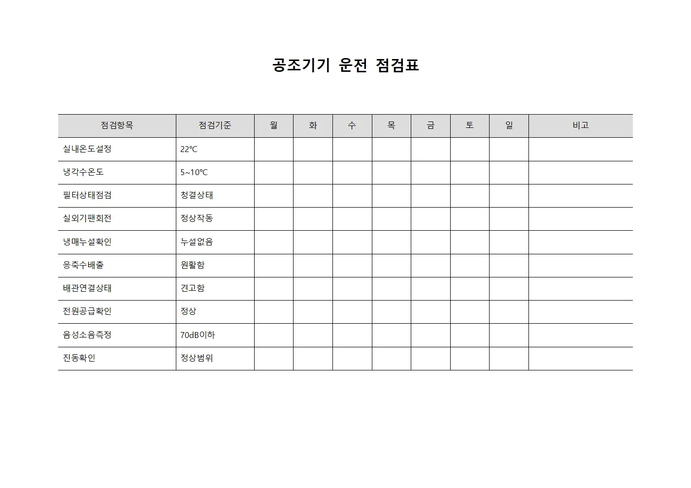 공조기기 운전 점검표 양식.서식