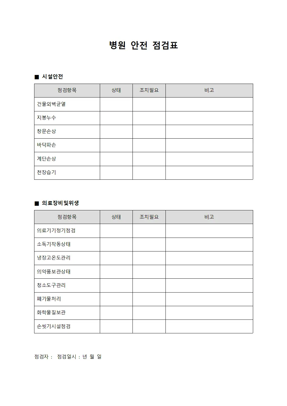 병원 안전 점검표