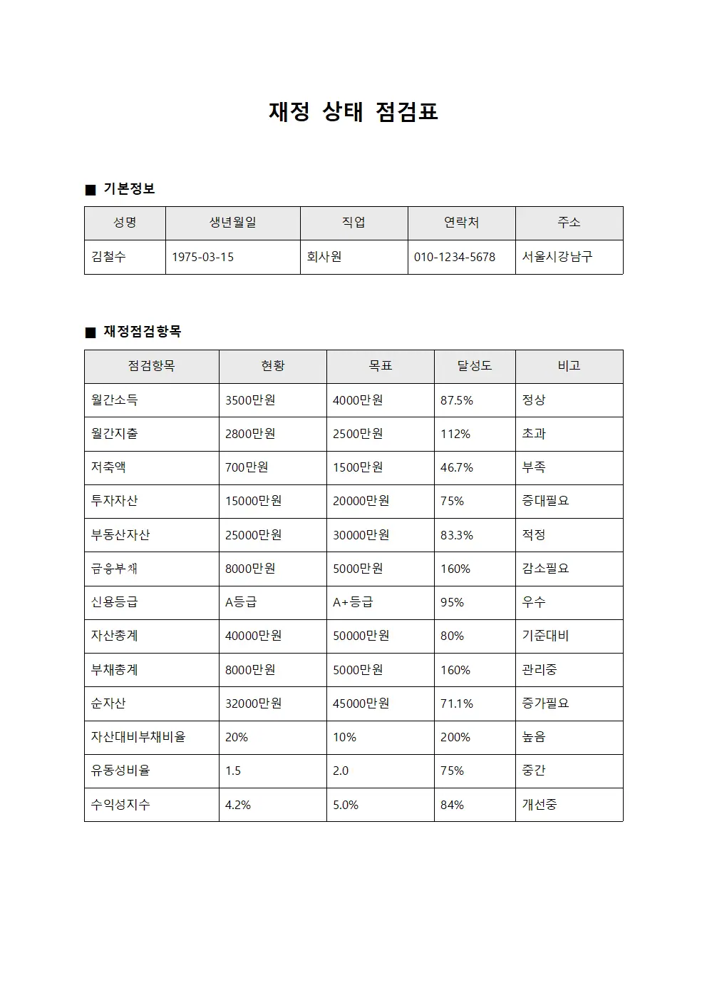 재정 상태 점검표 문서양식