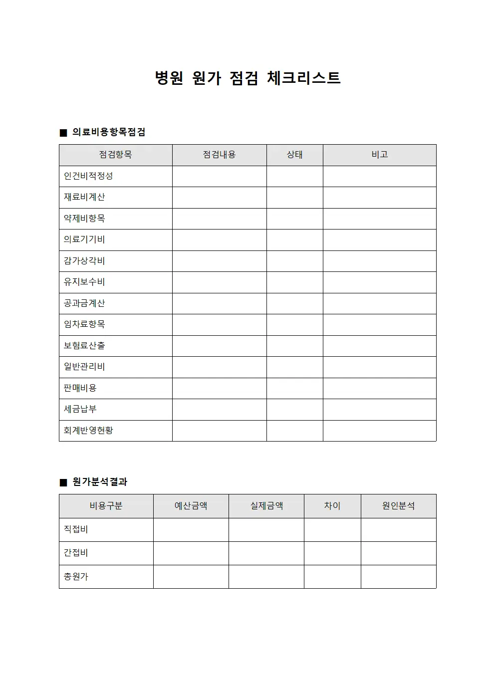 병원 원가 점검 체크리스트