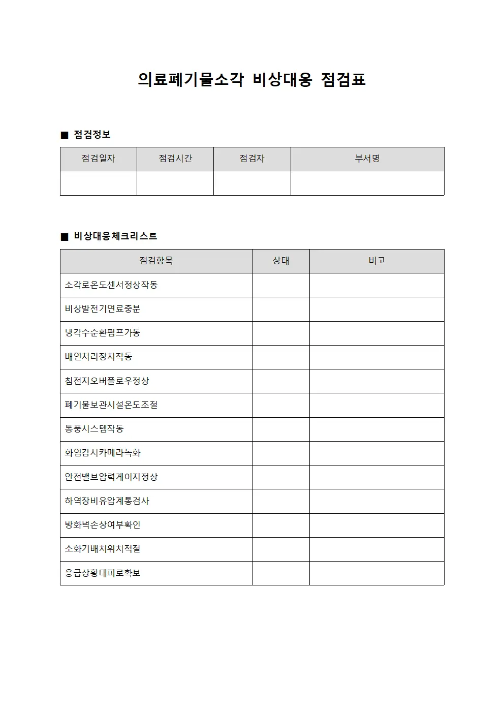 의료폐기물소각 비상대응 점검표 양식문서