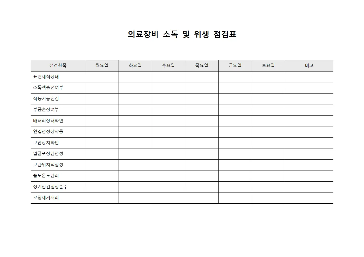 의료장비 소독 및 위생 점검표
