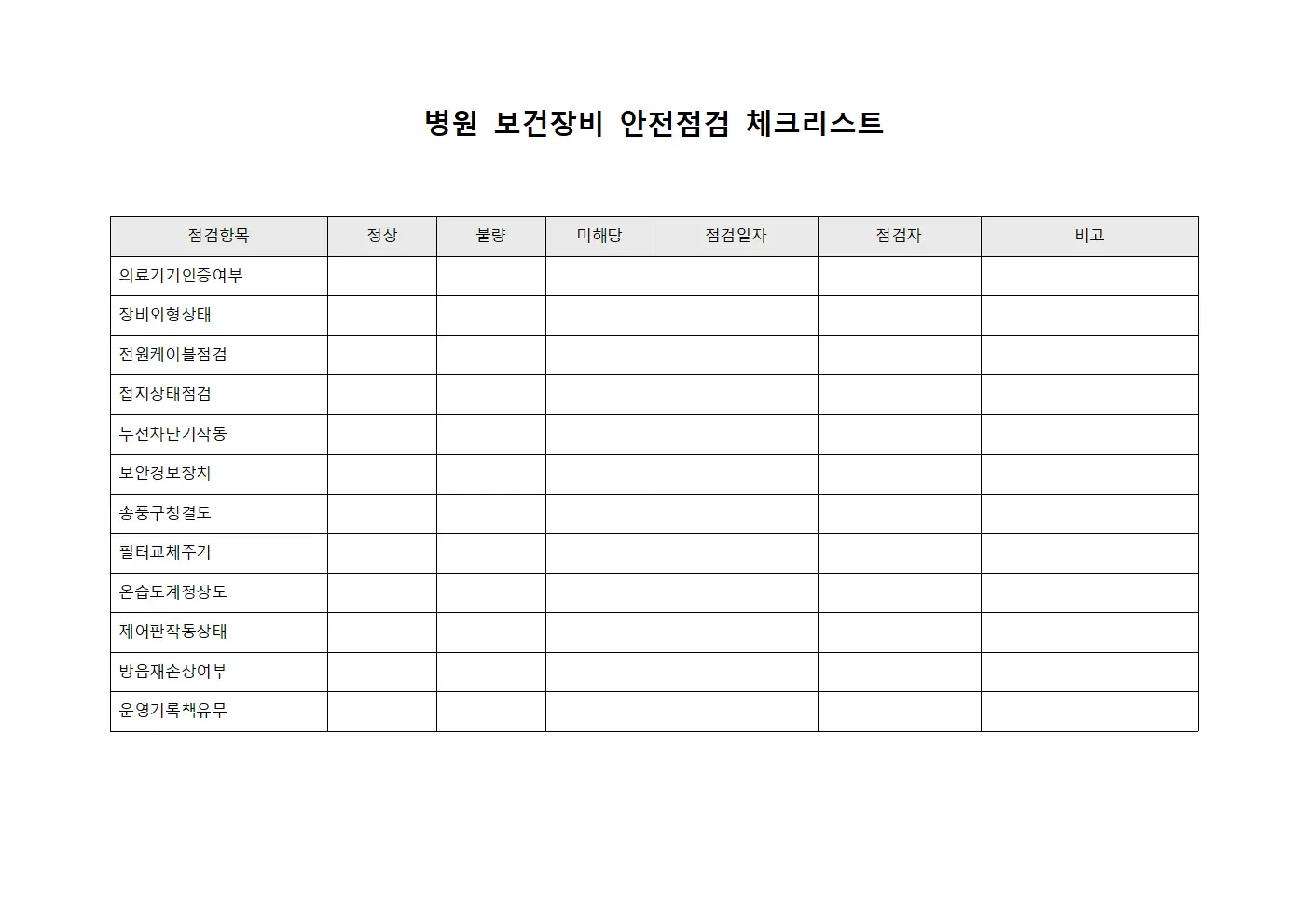 병원 보건장비 안전점검 체크리스트 문서서식