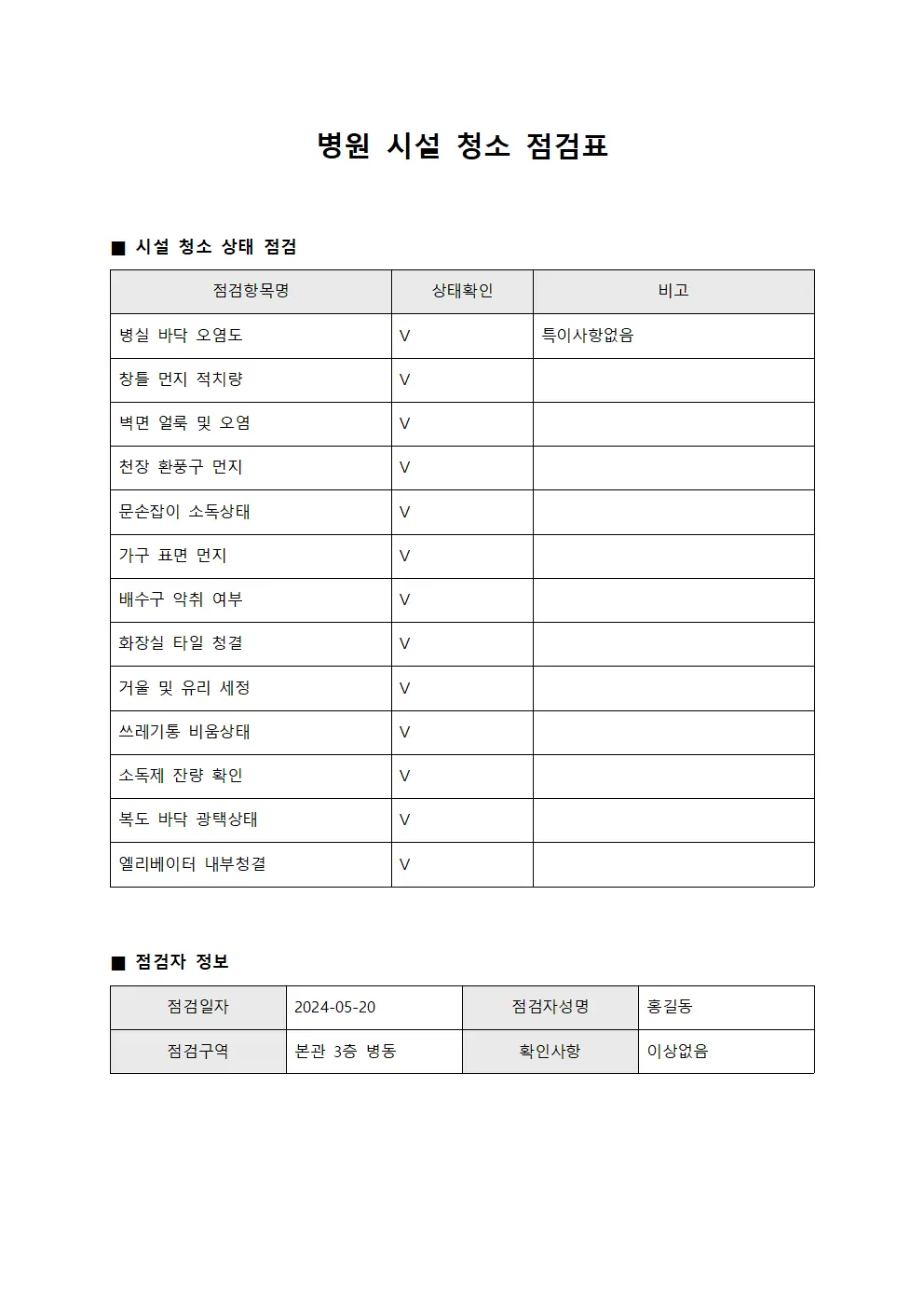 병원 시설 청소 점검표