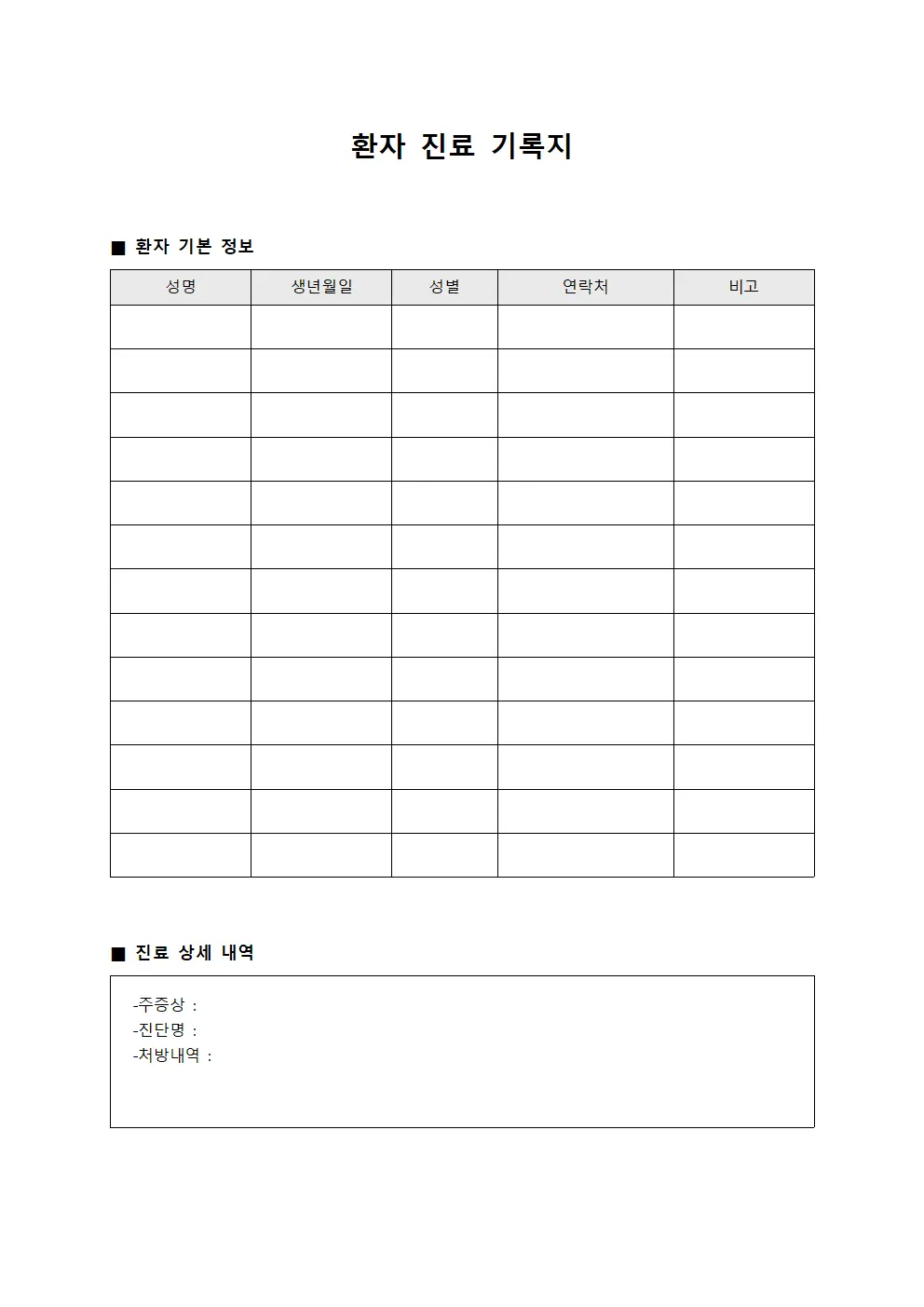 환자 진료 기록지 문서양식